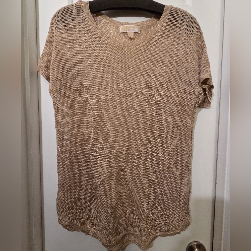 MICHAEL Michael Kors Gold Mesh Metallic Short Sleeve Top/Shirt.  Size L. - Picture 9 of 14